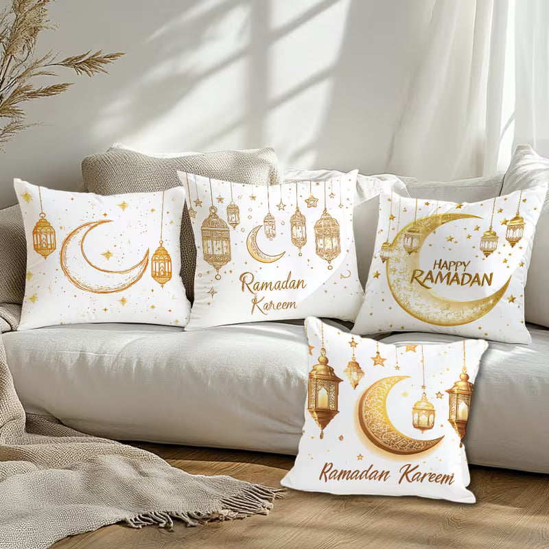 BYFT Golden Ramadan Lantern and Moon Pattern Pillow Covers 45 x 45 Cm, Polyester, Set of 04 Pcs
