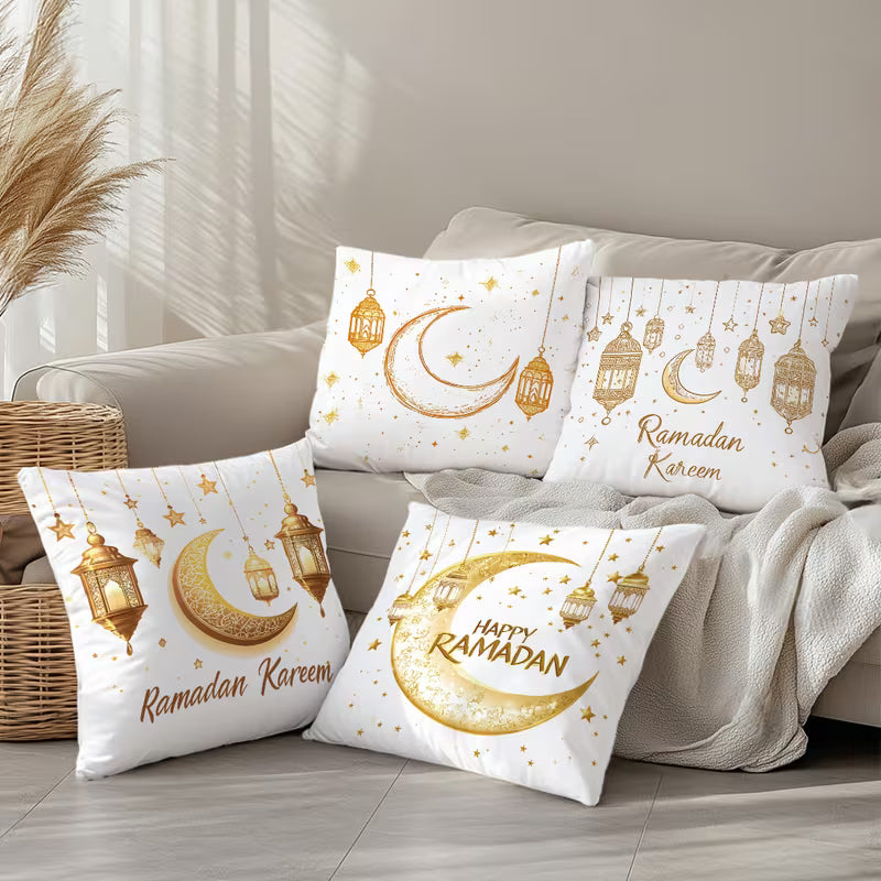 BYFT Golden Ramadan Lantern and Moon Pattern Pillow Covers 45 x 45 Cm, Polyester, Set of 04 Pcs