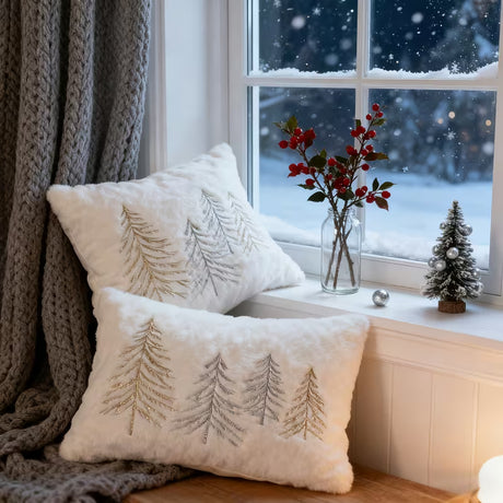BYFT Festive Christmas Tree Pillow Cover - Luxury Golden and Silvery Embroidered Decorative Pillowcase for Couch, Living Room Indoor Xmas Decor, Christmas Decor, Holiday Decoration, Elegant Holiday Style, Traditional Design, Durable Fabric, Premium