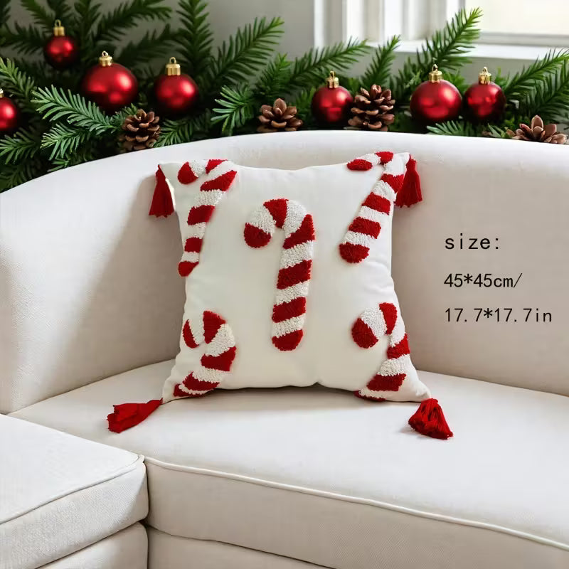 BYFT Handmade Cushion Cover, Christmas Candy Cane Design, Zipper Closure, Modern Style,, Canvas Decorative Cushion Cover, Suitable for Living Room, Bedroom, Study, Car - Filling Not Included, Sofa Cushion 45x45cm, Bedroom Accent