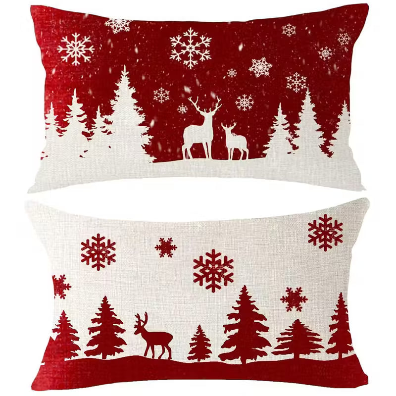 BYFT Festive Christmas Pillow Covers 2pcs - Red Snowflake, Reindeer & Snowman Design, Winter Farmhouse Home Decor, Zippered, Machine Washable, Polyester, Ideal for Holiday Living Room or Bedroom, Christmas Decorations