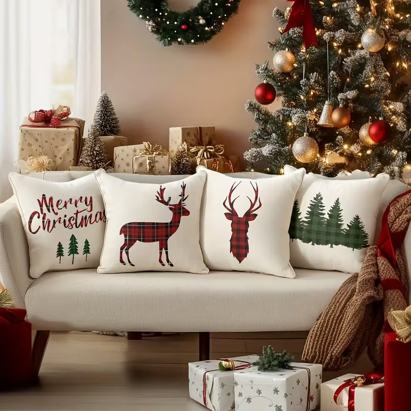BYFT 4pcs Christmas Pillow Covers - Reversible -Style Cushion Covers with Zipper Closure, 44.96x44.96 cm, Red & Green Holiday Decorations, Machine Washable Polyester