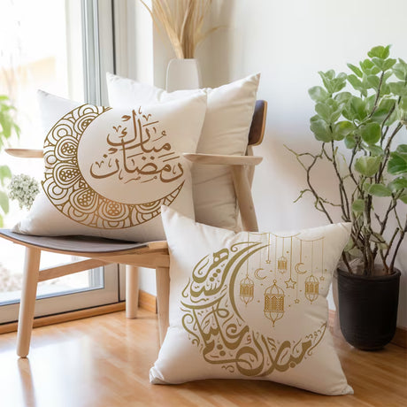 BYFT Ramadan White Golden Star Moon Lantern and Text Pattern Pillowcase, Single-Sided Printed Light Beige  45 x 45cm Set of 02 Pcs