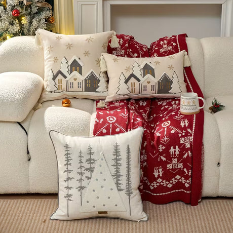 BYFT Merry Christmas Throw Pillow Cover set of 01- Snowhouse & Tree Design with Golden Stars, Red & White Holiday Decor for Sofa, Indoor Party Decoration, Christmas Pillow Covers