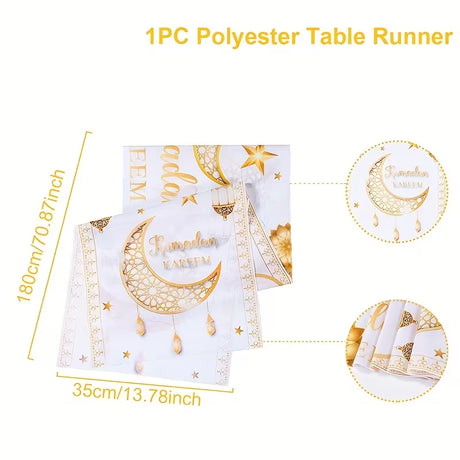BYFT Patimate Ramadan Kareem & Eid Mubarak Table Runner - White & Golden Islamic Crescent Moon and Star Decorations Set of 01 Pcs