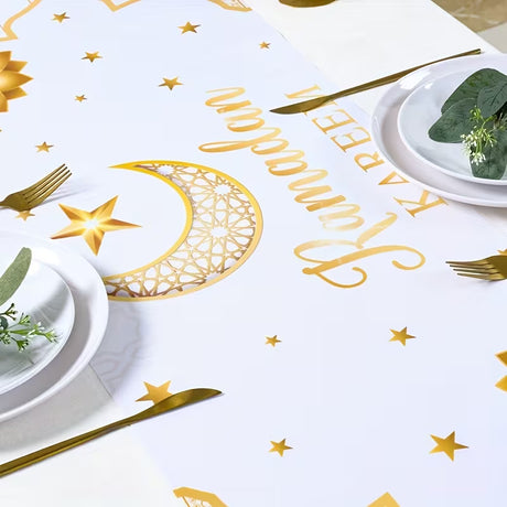 BYFT Patimate Ramadan Kareem & Eid Mubarak Table Runner - White & Golden Islamic Crescent Moon and Star Decorations Set of 01 Pcs