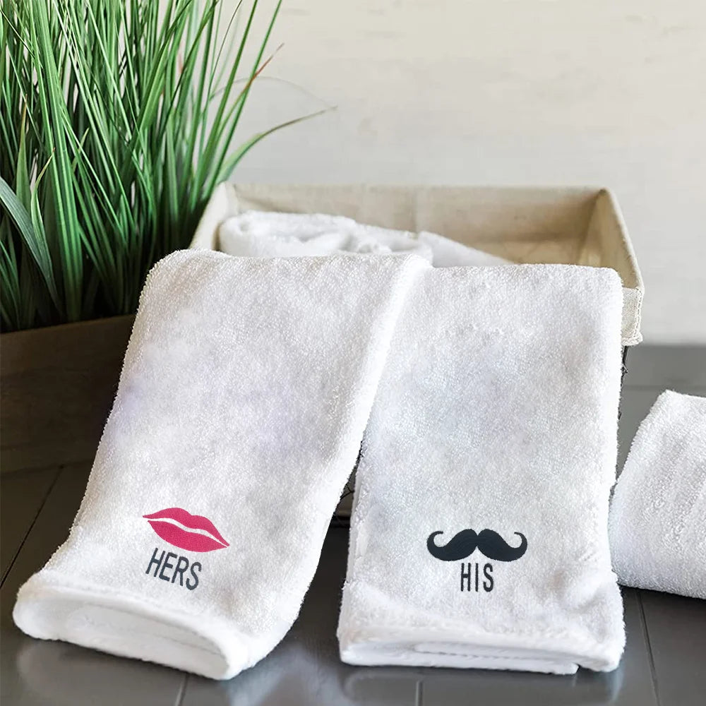BYFT Embroidered For You Personalised Couple Towel - His Moustache & Her Lips Design High Quality Embroidery Perfect For Gifting