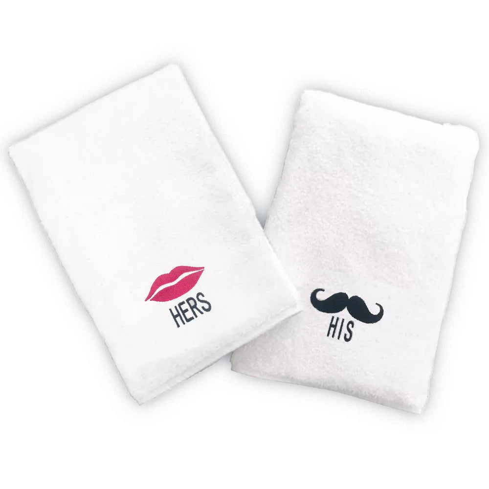 BYFT Embroidered For You Personalised Couple Towel - His Moustache & Her Lips Design High Quality Embroidery Perfect For Gifting