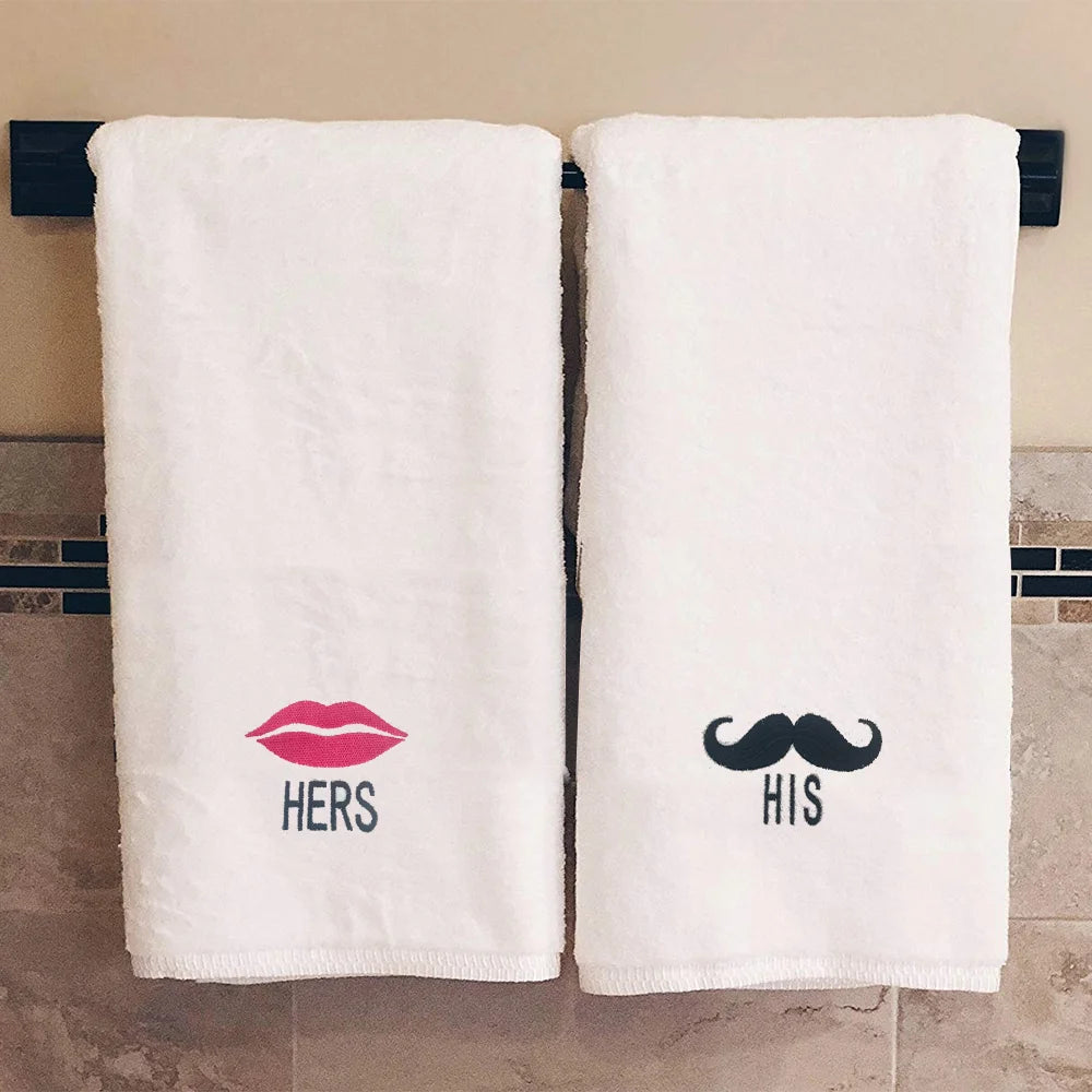 BYFT Embroidered For You Personalised Couple Towel - His Moustache & Her Lips Design High Quality Embroidery Perfect For Gifting