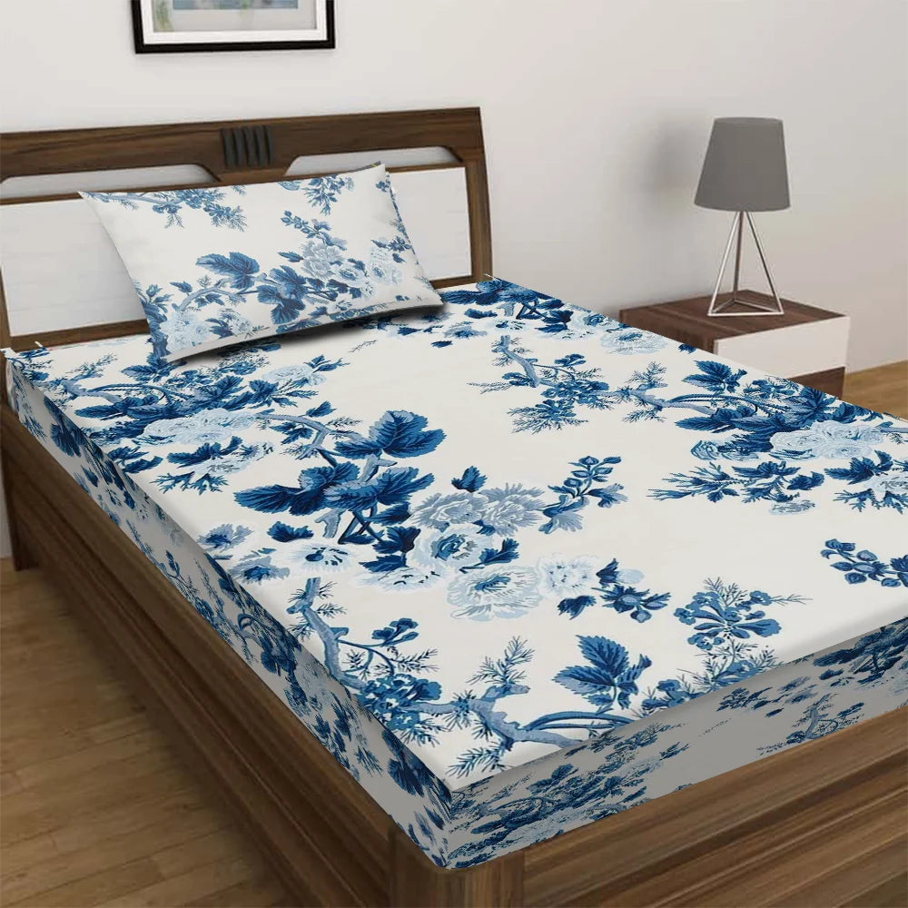 BYFT Orchard Luxury - Blue Floral Bed Sheet (150 x 230 Cm) with Pillow Case (50 x 75 Cm)| Polycotton, 144 TC, Soft & Luxurious Bed Linen