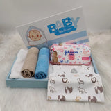 BYFT Baby Boy Welcome Hamper Flat Tray | Cotton Towels, Baby Romper & Essentials Gift Set