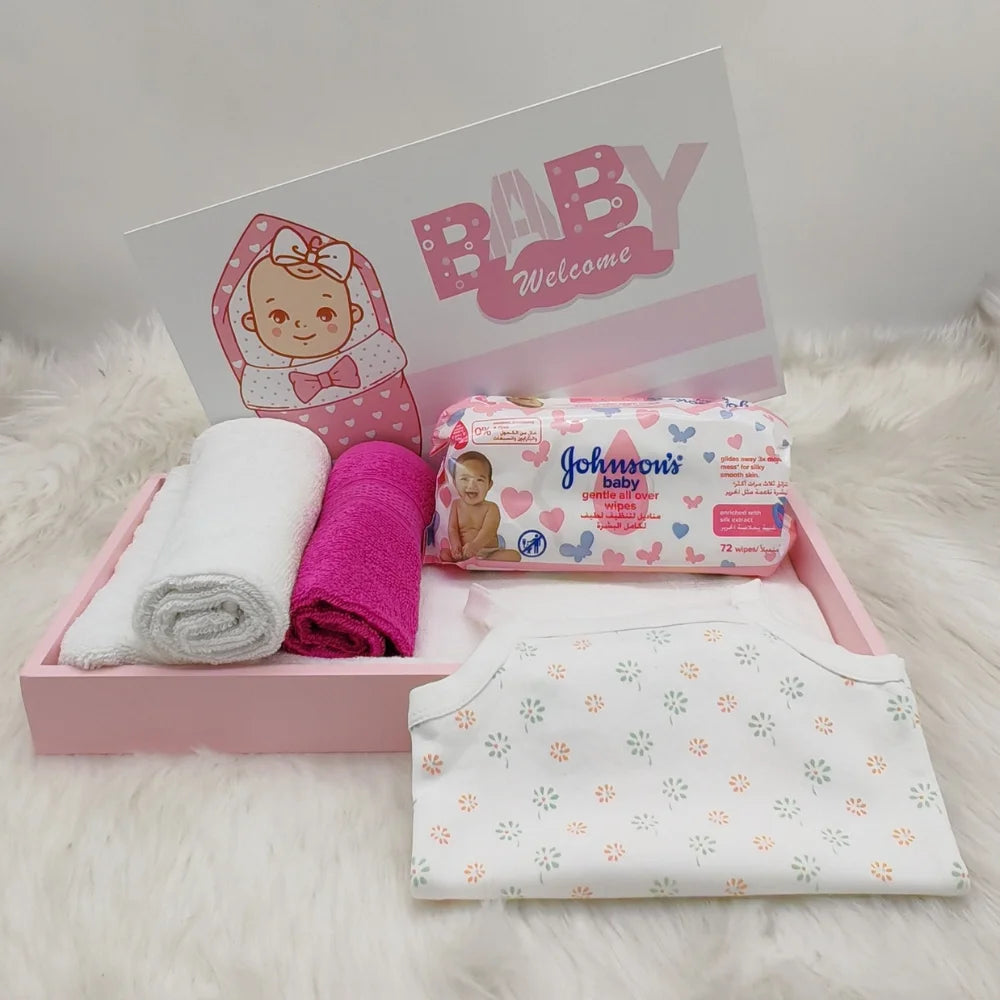 BYFT Baby Girl Welcome Hamper Flat Tray | Cotton Towels, Baby Romper & Essentials Gift Set