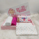 BYFT Baby Girl Welcome Hamper Flat Tray | Cotton Towels, Baby Romper & Essentials Gift Set