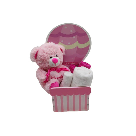 BYFT Baby Girl Welcome Hamper Balloon Tray | Cotton Towels, Teddy Bear & Baby Care Essentials