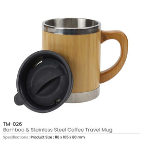 BYFT005804 BYFT Bamboo Stainless Steel Coffee Travel Mug with Handle and Lid 300 Ml Set of 01 TM 026