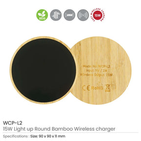 BYFT005811 BYFT Round Bamboo 15W Wireless Charger and Light Up Logo Set of 01 WCP L2