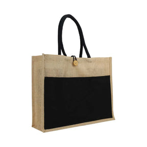 BYFT005846 BYFT Jute Bag with Black Cotton Pocket and Handle Set of 01 JSB 08 BLK C