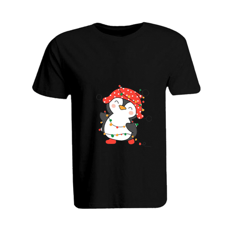 BYFT008936 BYFT Super Round Neck T Shirt Black Printed Penguin Entangled in String Lights Set of 1.png