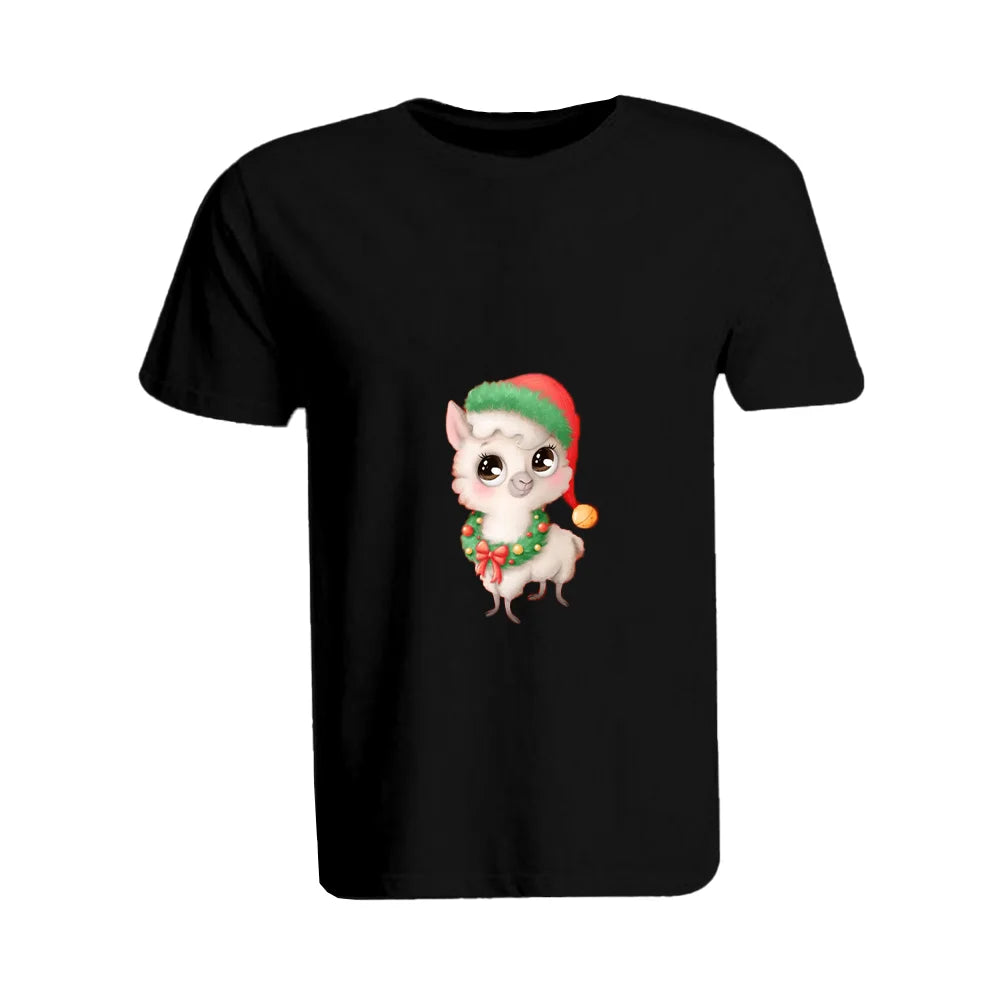 BYFT Printed Christmas Designed T-Shirt - Llama with Christmas Cap