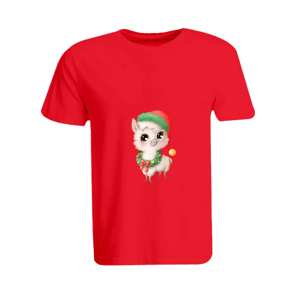 BYFT Printed Christmas Designed T-Shirt - Llama with Christmas Cap