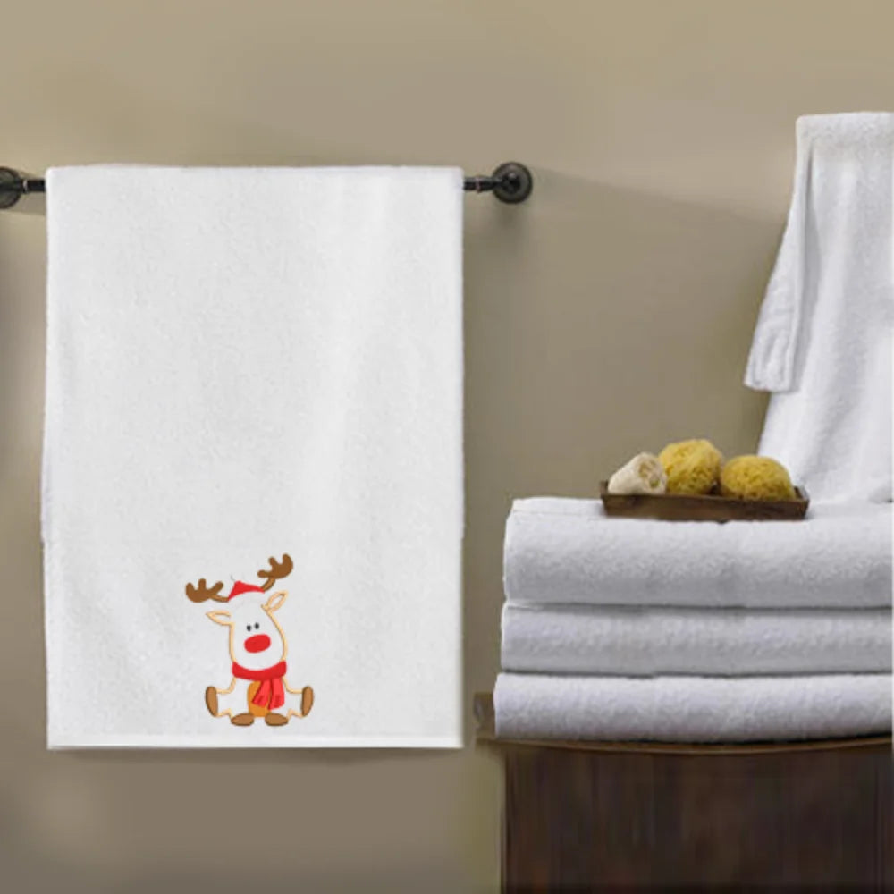 BYFT Embroidered For You Personalised Cotton Towel - Reindeer with Christmas Cap & Scarf Design High Quality Embroidery Perfect For Gifting