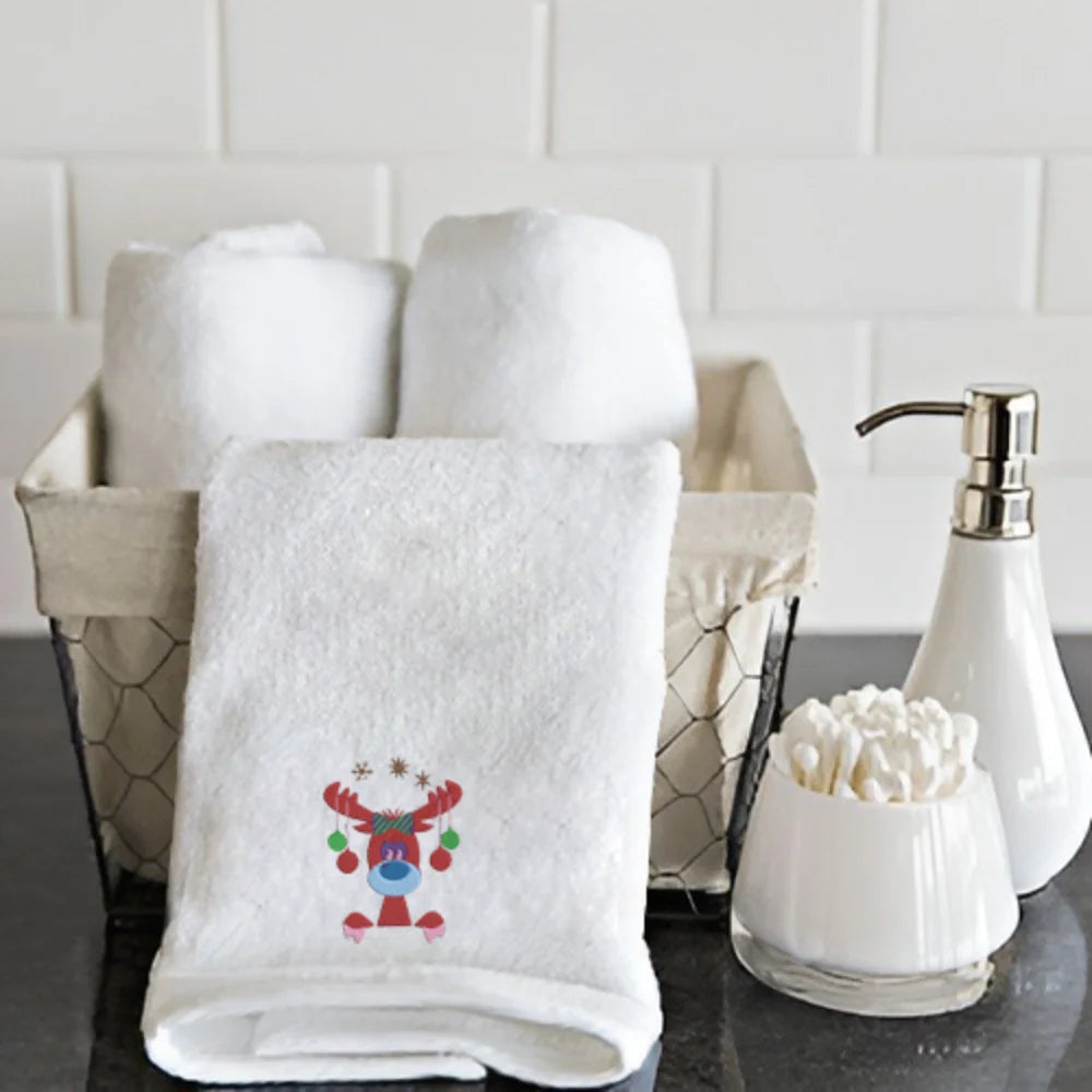 BYFT Embroidered For You Personalised Cotton Towel - Reindeer with Christmas Ornament Design High Quality Embroidery Perfect For Gifting