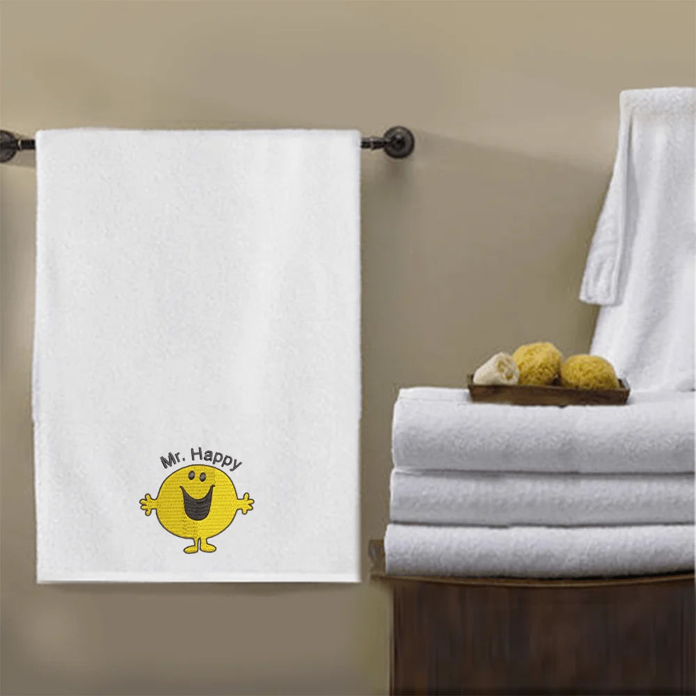 BYFT Embroidered For You Personalised Cotton Towel - Mr. Happy Design High Quality Embroidery Perfect For Gifting