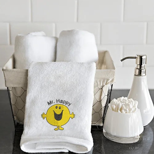 BYFT Embroidered For You Personalised Cotton Towel - Mr. Happy Design High Quality Embroidery Perfect For Gifting