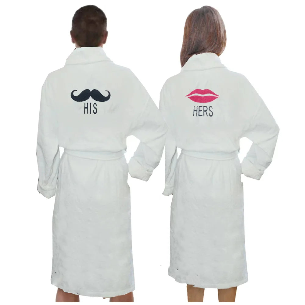 BYFT Embroidered For You Personalised Couple Bathrobe - His Moustache & Her Lips Design High Quality Embroidery Perfect For Gifting