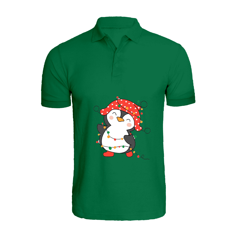 BYFT009706 BYFT Polo Neck T Shirt Printed Green Medium 220 GSM Cotton Penguin Entangled in String Lights Set of 1.png