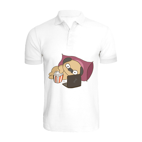 BYFT009892 BYFT Polo Neck T Shirt Printed White Medium 220 GSM Cotton Binge Watching Pug Design Set of 1.png