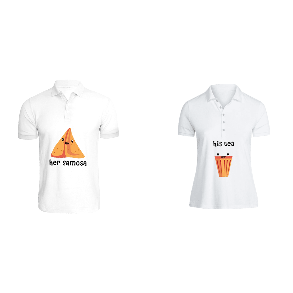 BYFT010438 BYFT Polo Neck T Shirt Printed White Large 220 GSM Cotton His Tea Her Samosa Design Set of 2.png