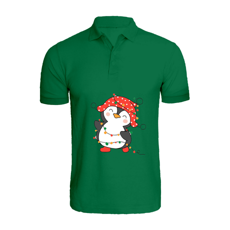 BYFT010610 BYFT Polo Neck T Shirt Printed Green XL 220 GSM Cotton Penguin Entangled in String Lights Set of 1.png