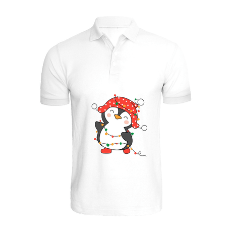 BYFT010630 BYFT Polo Neck T Shirt Printed White XL 220 GSM Cotton Penguin Entangled in String Lights Set of 1.png