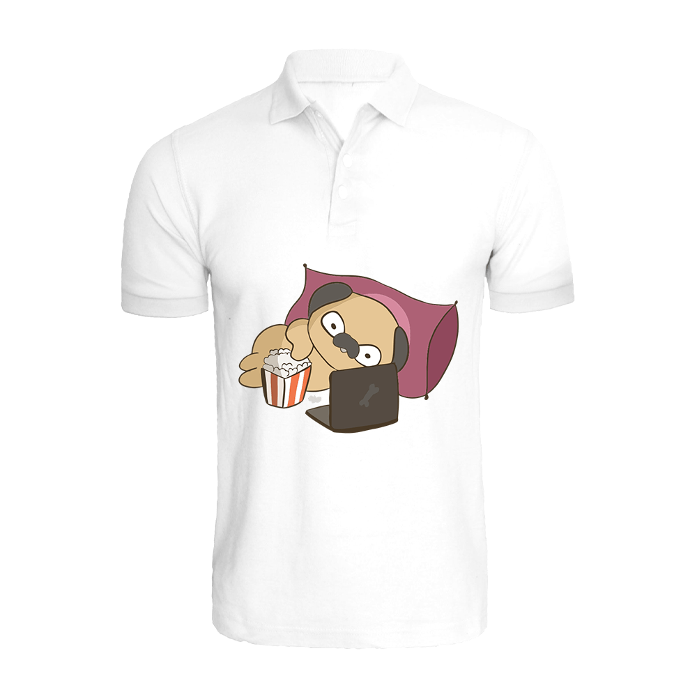 BYFT010796 BYFT Polo Neck T Shirt Printed White XL 220 GSM Cotton Binge Watching Pug Design Set of 1.png