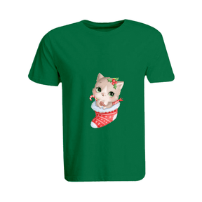 BYFT011103 BYFT Round Neck T Shirt Printed Green XXL 190 GSM Cotton Cat inside Christmas Stokings Set of 1