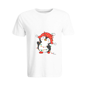 BYFT011122 BYFT Round Neck T Shirt Printed White XXL 190 GSM Cotton Penguin Entangled in String Lights Set of 1