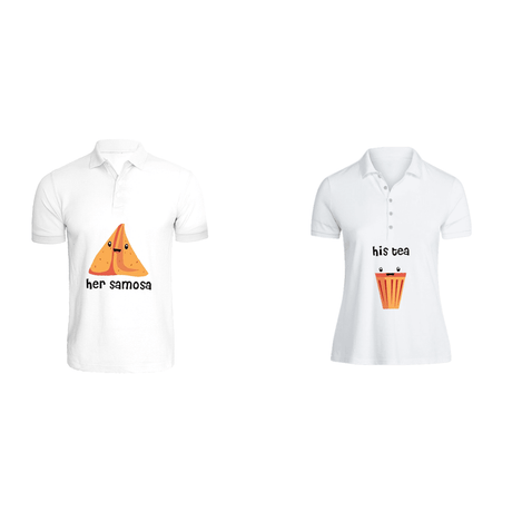 BYFT011342 BYFT Polo Neck T Shirt Printed White XXL 220 GSM Cotton His Tea Her Samosa Design Set of 2.png