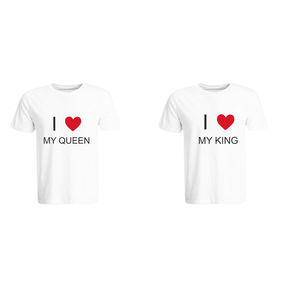 BYFT011350 BYFT Round Neck T Shirt Printed White XXL 190 GSM Cotton I Love My King Queen Design Set of 2
