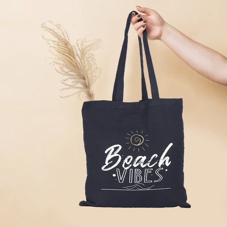 BYFT013989 BYFT Black Cotton Flat Tote Bag Beach Vibes Design B.webp