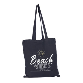 BYFT013989 BYFT Black Cotton Flat Tote Bag Beach Vibes Design.webp