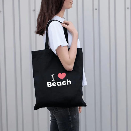 BYFT013991 BYFT Black Cotton Flat Tote Bag I Love Beach Design B.webp