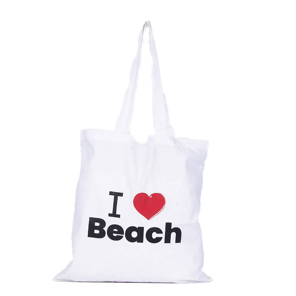 BYFT013995 BYFT White Canvas Flat Tote Bag I Love Beach Design.webp