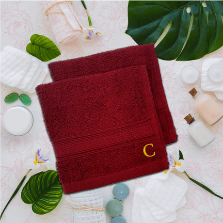 BYFT Daffodil Monogrammed Face Towel Burgundy 30 x 30 Cm