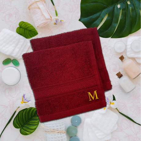 BYFT Daffodil Monogrammed Face Towel Burgundy 30 x 30 Cm