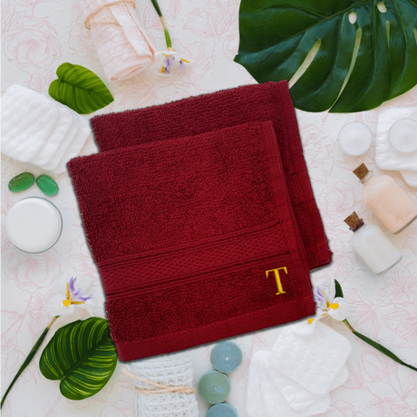 BYFT Daffodil Monogrammed Face Towel Burgundy 30 x 30 Cm