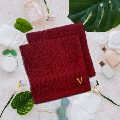 BYFT Daffodil Monogrammed Face Towel Burgundy 30 x 30 Cm