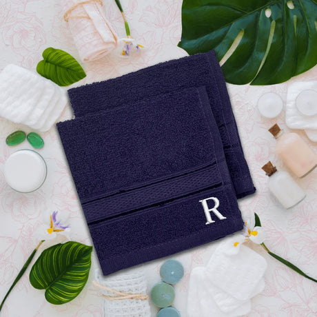 BYFT Daffodil Monogrammed Face Towel Navy Blue 30 x 30 Cm