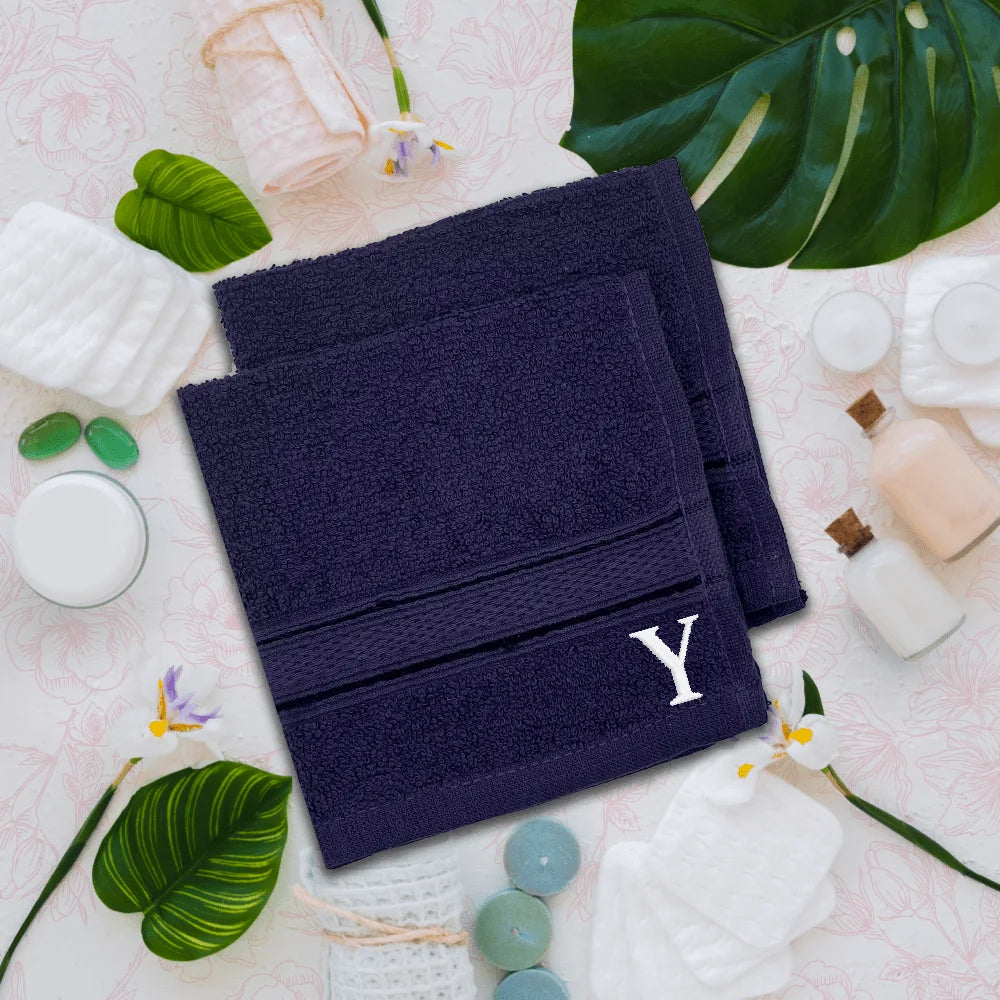 BYFT Daffodil Monogrammed Face Towel Navy Blue 30 x 30 Cm
