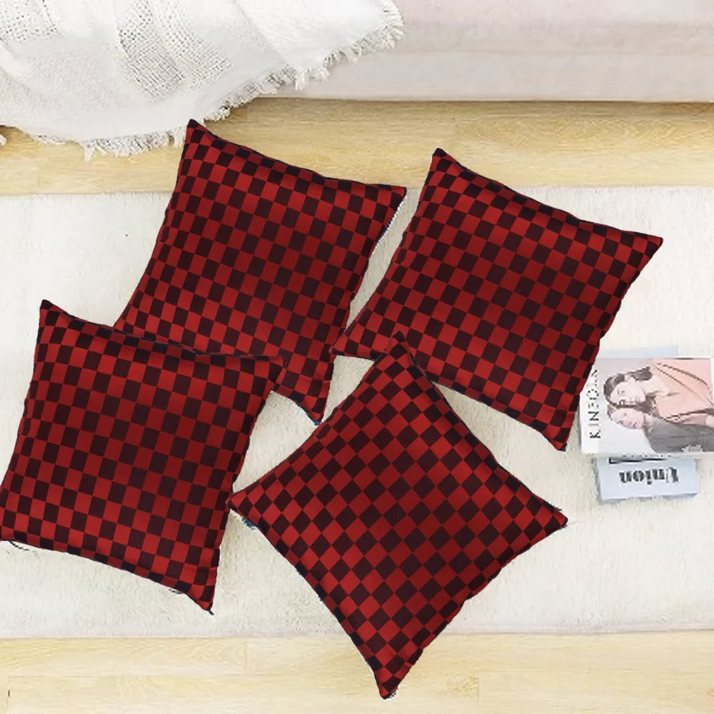 BYFT Orchard Cushion Cover 40 x 40 cm (Checkered Red & Black) 16 x 16 inch Luxury Decorative Cushion Cover for Sofa, Bed & Living Room - Set of 02